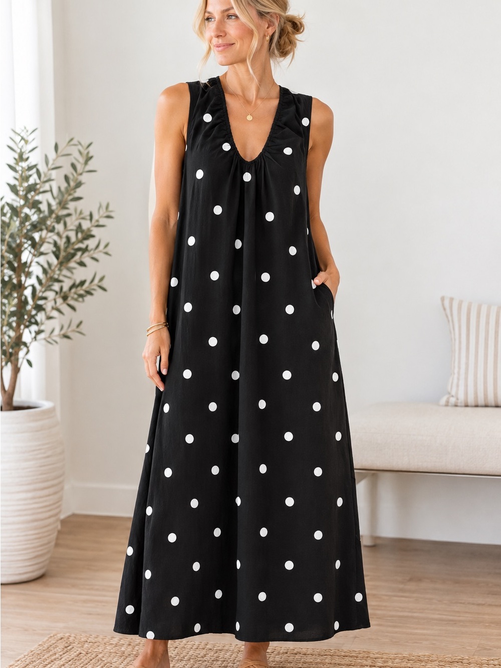 Black & White Polka Dot Cotton Maxi Dress large  G-8